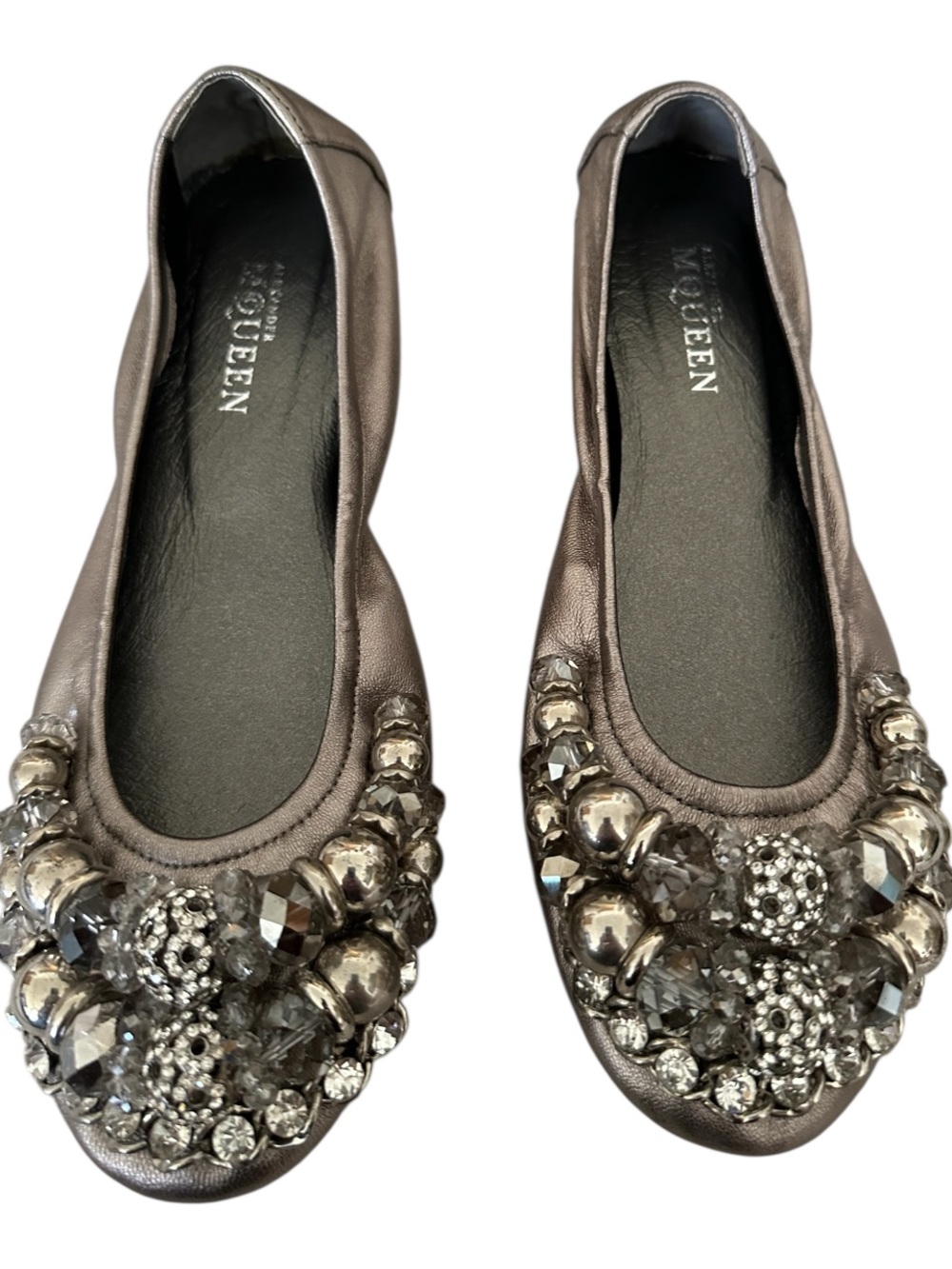Alexander McQueen Metallic Pewter Crystal-Embellished Flats